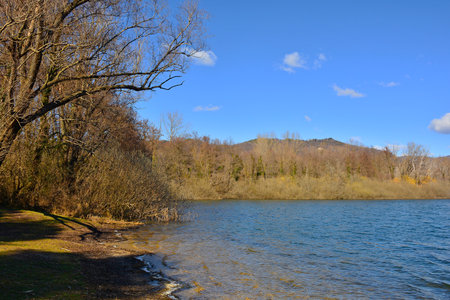 Lago di Ragogna lake in winter in Udine province, Friuli-Venezia Giulia, north east Italyの写真素材