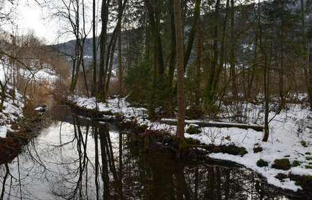 Afritzer Bach stream running into Afritzer See Lake in December in Carinthia, Austria. Located in the Gegendtal Valley, it is in the Nock Mountains of the Gurktal Alpsの写真素材