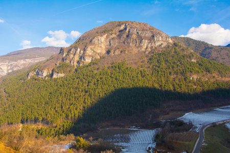 December landscape in Lagarina Valley in near Besenello in Trentino, north east Italyの写真素材