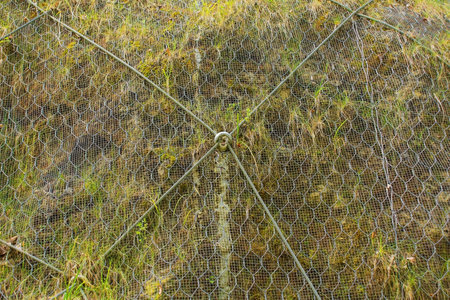 Chain link mesh slope protection netting on Monte Ruke near Sauris di Sopra, Udine Province, Friuli-Venezia Giulia, north east Italy. A stabilization system used to secure loose rocks and unstable rock formations, and to prevent rockfall or landslides on roadsの写真素材