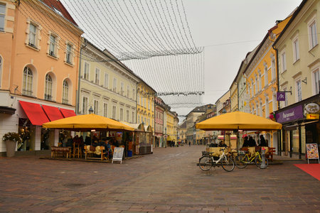 Klagenfurt am Worthersee, Austria - December 25th 2022. Christmas Day in Alter Platz street in the historic centre of Klagenfurt, Carinthia, Austriaのeditorial素材