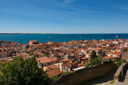 The old medieval centre of Piran on the coast of Sloveniaの写真素材