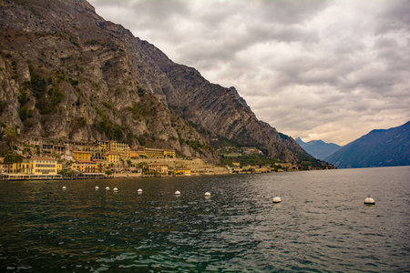 The north east Italy town of Limone sul Garda on the shore of Lake Garda in the Lombardy region of Italyの写真素材