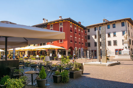 Cividale del Friuli, Italy - August 14th 2022. Piazza Paolo Diacono square in the historic medieval centre of Cividale del Friuli, Udine Province, north east Italyのeditorial素材