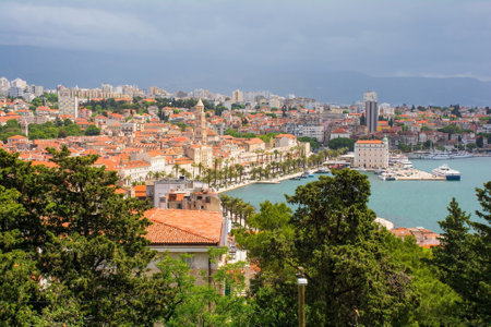 A view of the historic coastal town of Split in Croatia from Marjan Hill which overlooks the townの写真素材