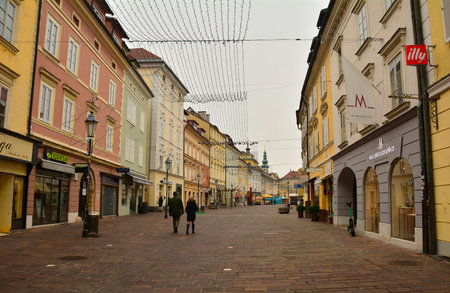 Klagenfurt am Worthersee, Austria - December 25th 2022. Christmas Day in Alter Platz street in the historic centre of Klagenfurt, Carinthia, Austriaのeditorial素材