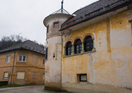 The historic Pustal Castle in Skofja Loka in Gorenjska, Slovenia. Called Pustalski Grad in Slovenian, it is a renaissance mansion from around 1220 with a round corner towerのeditorial素材