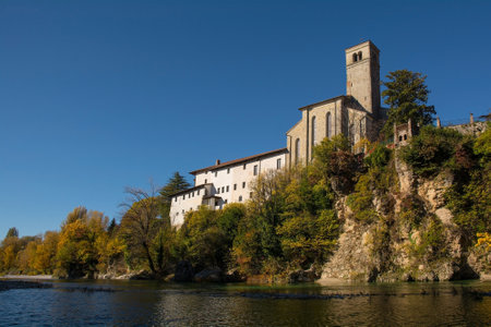 The 13th century Saint Francis Church - Chiesa di San Francesco - seen from the Natisone river in the north east Italian town of Cividale del Friuli, Udine Province, Friuli-Venezia Giuliaのeditorial素材