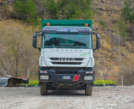 Forni Avoltri, Italy - April 8th 2023. A truck on a logging site near the mountain village of Forni Avoltri in Carnia, Udine Province, Friuli-Venezia Giulia, north east Italyのeditorial素材