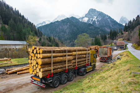 Forni Avoltri, Italy - April 8th 2023. A flatbed truck loaded with timber and an empty container truck at a saw mill yard near the village of Forni Avoltri in Carnia, Udine Province, Friuli-Venezia Giulia, north east Italyのeditorial素材
