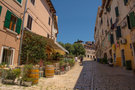 Rovinj, Croatia - July 9th 2023. A restaurant in the historic centre of Rovinj old town in Istria, Croatiaのeditorial素材