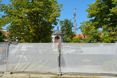 Karlovac, Croatia - September 1st 2023. Major renovation and road works underway in the historic centre of Karlovac. The Plague Pillar in Trg Bana Josipa Jelacica square is seen behind barriersのeditorial素材