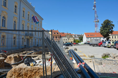 Karlovac, Croatia - September 1st 2023. Major renovation and road works underway in the historic centre of Karlovacのeditorial素材