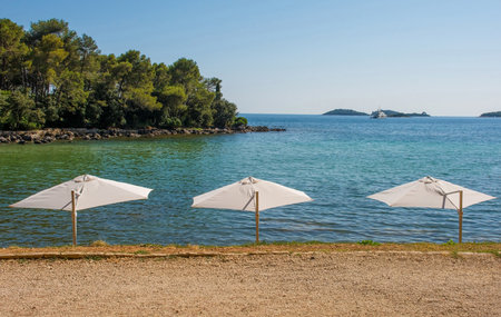 White beach umbrellas on the coast at Cuvi Beach just south of Rovinj old town in Istria, Croatiaの写真素材