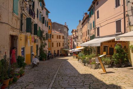 Rovinj, Croatia - July 9th 2023. A restaurant in the historic centre of Rovinj old town in Istria, Croatiaのeditorial素材
