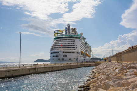 Split, Croatia - May 13th 2023. A mega cruise liner in the port of the historic coastal town of Split in Dalmatia, Croatiaのeditorial素材