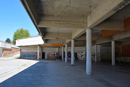 Petrova Gora, Croatia â September 2nd 2023. The now derelict visitor's centre at the Yugoslav-era WW2 partisan Monument to the Uprising of the People of Kordun and Banija on Veliki Petrovac in Petrova Gora National Park, north west Croatiaのeditorial素材