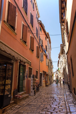 Rovinj, Croatia - July 9th 2023. A street in the historic centre of Rovinj old town in Istria, Croatiaのeditorial素材