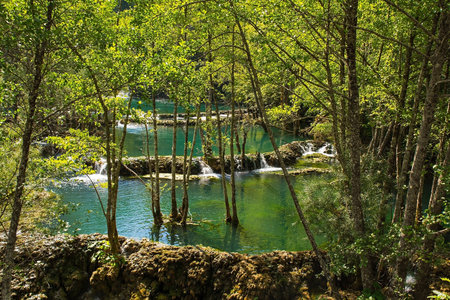 Travertine pools in the River Una at the Small Waterfalls at Martin Brod in Una-Sana Canton, Federation of Bosnia and Herzegovina. Located within the Una National Park. Early Septemberの写真素材