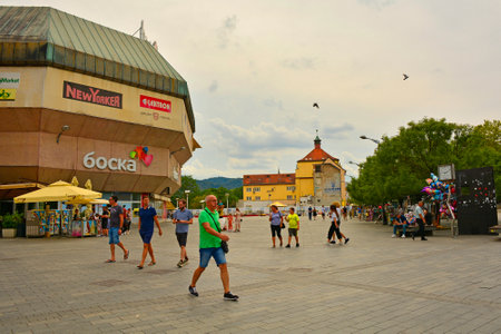 Banja Luka, Bosnia - September 3rd 2023. Jevrejska Street in the centre of Banja Luka in Republika Srpska, Bosnia and Herzegovina. The landmark Krivi Sat, Crooked Clock, is far rightのeditorial素材