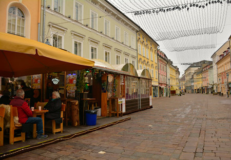 Klagenfurt am Worthersee, Austria - December 25th 2022. Christmas Day in Alter Platz street in the historic centre of Klagenfurt, Carinthia, Austriaのeditorial素材