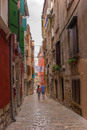 Rovinj, Croatia - July 10th 2023. A street in the historic centre of Rovinj old town in Istria, Croatiaのeditorial素材