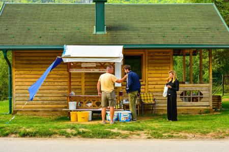 Martin Brod, Bosnia - September 6th 2023. A small stall selling local produce to visitors near the Martin Brod entrance to the Una National Park. Una-Sana Canton, Federation of Bosnia and Herzegovinaのeditorial素材