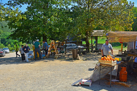 Bihac Municipality, Bosnia - September 8th 2023. Stalls selling souvenirs and local products near the Strbacki Buk entrance to the Una National Park. Una-Sana Canton, Federation of Bosnia and Herzegovinaのeditorial素材