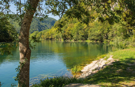 The River Una near Lohovo, Bihac, in the Una National Park. Una-Sana Canton, Federation of Bosnia and Herzegovina. Early Septemberの写真素材