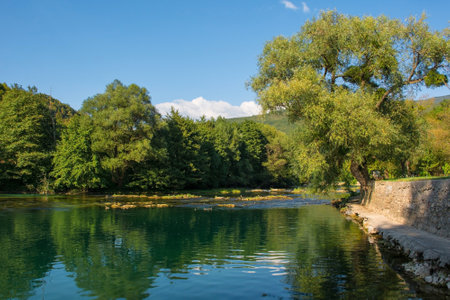 The River Una as it passes through Kulen Vakuf village in the Una National Park. Una-Sana Canton, Federation of Bosnia and Herzegovina. Early Septemberの写真素材