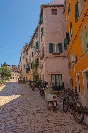 Rovinj, Croatia - July 9th 2023. A street in the historic centre of Rovinj old town in Istria, Croatiaのeditorial素材