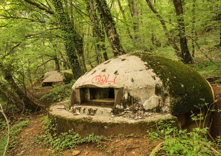 Mount Dajti, Albania - 31st May 2024. Abandoned pillbox bunkers in the forest on Mount Dajti near Tirana in Central Albania. A relic from the 1960s -1980s Hoxha government's bunkerization program driven by a fear of invasionのeditorial素材