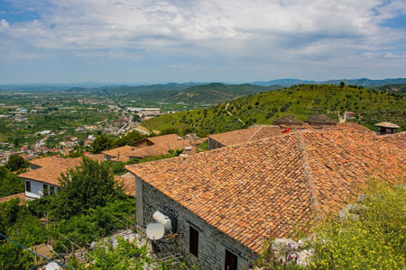 A view of the Gorica quarter of Berat in Albania taken from Berat Castle. Berat is UNESCO listed and is known as City of a Thousand Windowsの写真素材