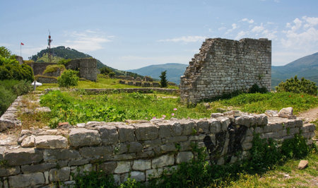 The ruins of the late 15th century White Mosque within the Citadel of the fortified Berat Castle, southern Albania, a UNESCO World Heritage Site. The castle is a blend of Byzantine, Ottoman and medieval Albanian architectural influences, it is located on Kalaja Hill overlooking Berat and the Osum River. Xhamia e Bardhe in Albanianの写真素材