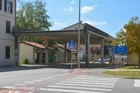 A city centre border crossing between Italy and Slovenia seen from the Slovenian side. Located at the joining of Erjavceva Ulica in Nova Gorica and Via San Gabriele in Goriziaの写真素材