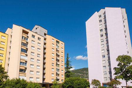 High rise residential apartment blocks in Nova Gorica, Slovenia. 1970s built socialist architecture. On the Ulica Gradnikove Brigade estate in the inner suburbsの写真素材