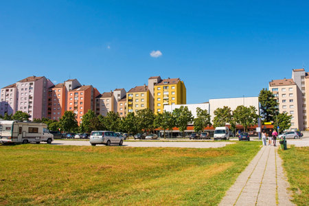 High rise residential apartment blocks in Nova Gorica, Slovenia. 1970s built socialist architecture. On the Ulica Gradnikove Brigade estate in the inner suburbsの写真素材