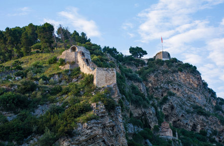 Fortified walls of Berat Castle in southern Albania. The Southern Tower or Red Tower is background right. A blend of Byzantine, Ottoman and medieval Albanian architectural influences. Located on Kalaja Hill overlooking Berat and the Osum Riverの写真素材