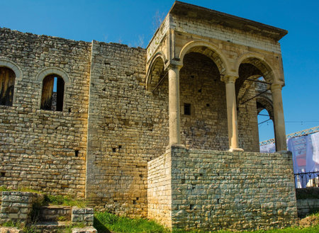 The ruins of the Palace of the Pasha in the Mangalem quarter of Berat, a UNESCO World Heritage Site. An 18th century Ottoman-era complex and residence of the pasha. Sarajet e Pashes in Albanianの写真素材
