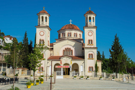 Saint Demetrius Orthodox Cathedral in Berat, Albania, consecrated in 2014. Berat is UNESCO World Heritage Site listed. Katedralja e Shen Dhimitrit in Albanian, the banner says 'Christ was resurrected'.の写真素材