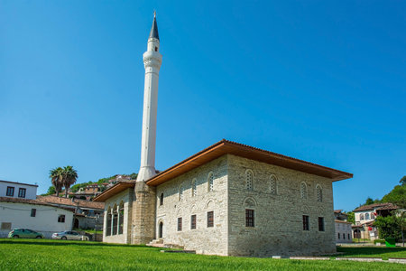 The King Mosque in Berat, central Albania. Located within the historic UNESCO World Heritage Site area, this 15th century Ottoman mosque has a pitched roof rather than a traditional domed one. Also called the Sultan's Mosque or the Sultan Bayezid Mosque, Xhamia Mbret in Albanianの写真素材
