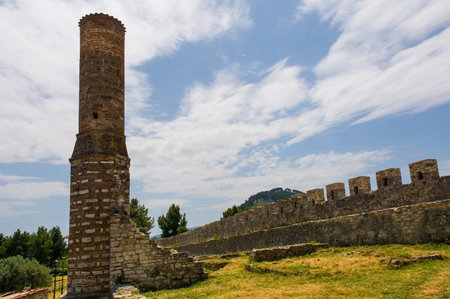 The ruins of the 14th century Red Mosque within the fortified Berat Castle, southern Albania. The castle gallery wall is right. The castle is a blend of Byzantine, Ottoman and medieval Albanian architectural influences, it is located on Kalaja Hill overlooking Berat and the Osum River.の写真素材