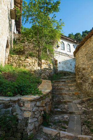 A cobbled stepped lane in the historic Gorica quarter of Berat in Albania. Berat is a UNESCO World...
