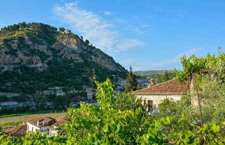 The historic Kalaja Castle Hill in Berat viewed from over the River Osum in the Gorica quarter, Albania. Berat is UNESCO listed and is known as City of a Thousand Windows. It is famous for its traditional Ottoman architectureの写真素材