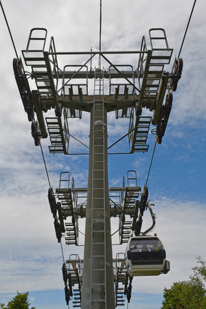 An intermediate support tower for cable cars on Mount Dajti outside Tirana in the Skanderbeg mountains, central Albaniaの写真素材