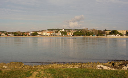 The coast of the Kasteja Forest Park - Park Suma Kasteja - in Medulin, Istria, Croatia. Medulin town is in the background. Decemberの写真素材