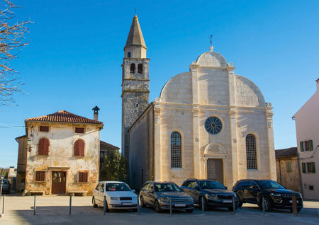 The Annunciation of the Blessed Virgin Mary Church the village of Svetvincenat in Istria, Croatia. Located Gradski Trg Square, it is an impressive 16th-century parish church with a Renaissance trefoil facade. Called Crkva NavjeÅ¡tenja Marijina in Croatianの写真素材
