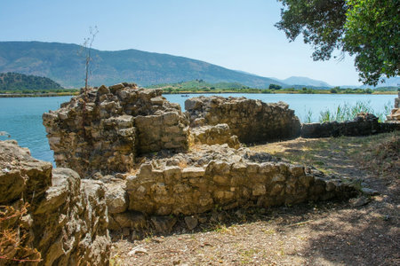 Late-antique and medieval walls on the shore of Lake Butrint in Butrint Archaeological Park, within Butrint National Park, southern Albania. A UNESCO World Heritage Siteの写真素材