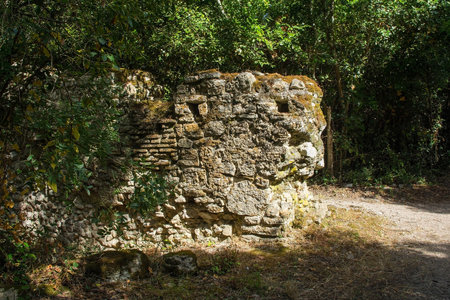 An historic stone wall in Butrint Archaeological Park, within Butrint National Park, southern Albania. A UNESCO World Heritage Site. Located near the Venetian Towerの写真素材
