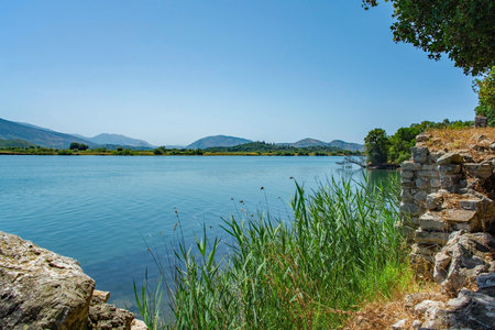 Late-antique and medieval walls on the shore of Lake Butrint in Butrint Archaeological Park, within Butrint National Park, southern Albania. A UNESCO World Heritage Siteの写真素材